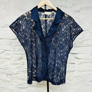 Victoria Secret Floral Lace Sheer Chiffon Blue Button Up Top Fairy Goth Vintage